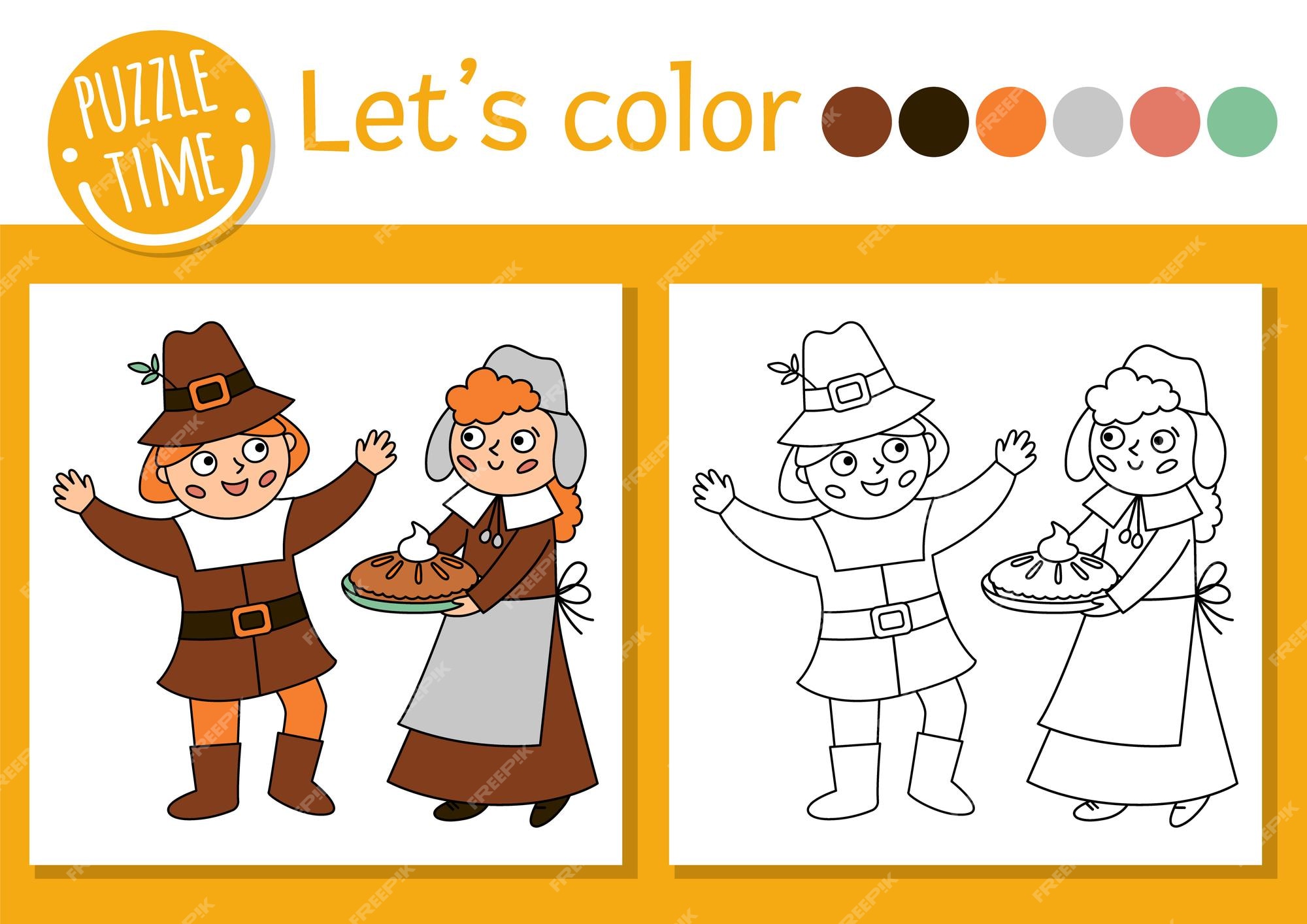 Premium vector thanksgiving coloring page for children with pilgrims vector autumn holiday outline illustration with first settlers adorable fall color book for kids with colored example drawing skills worksheetxa