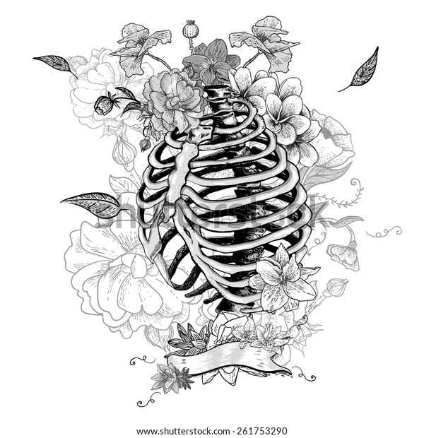 Skeleton ribs flowers vintage vector illustration stock vector royalty free