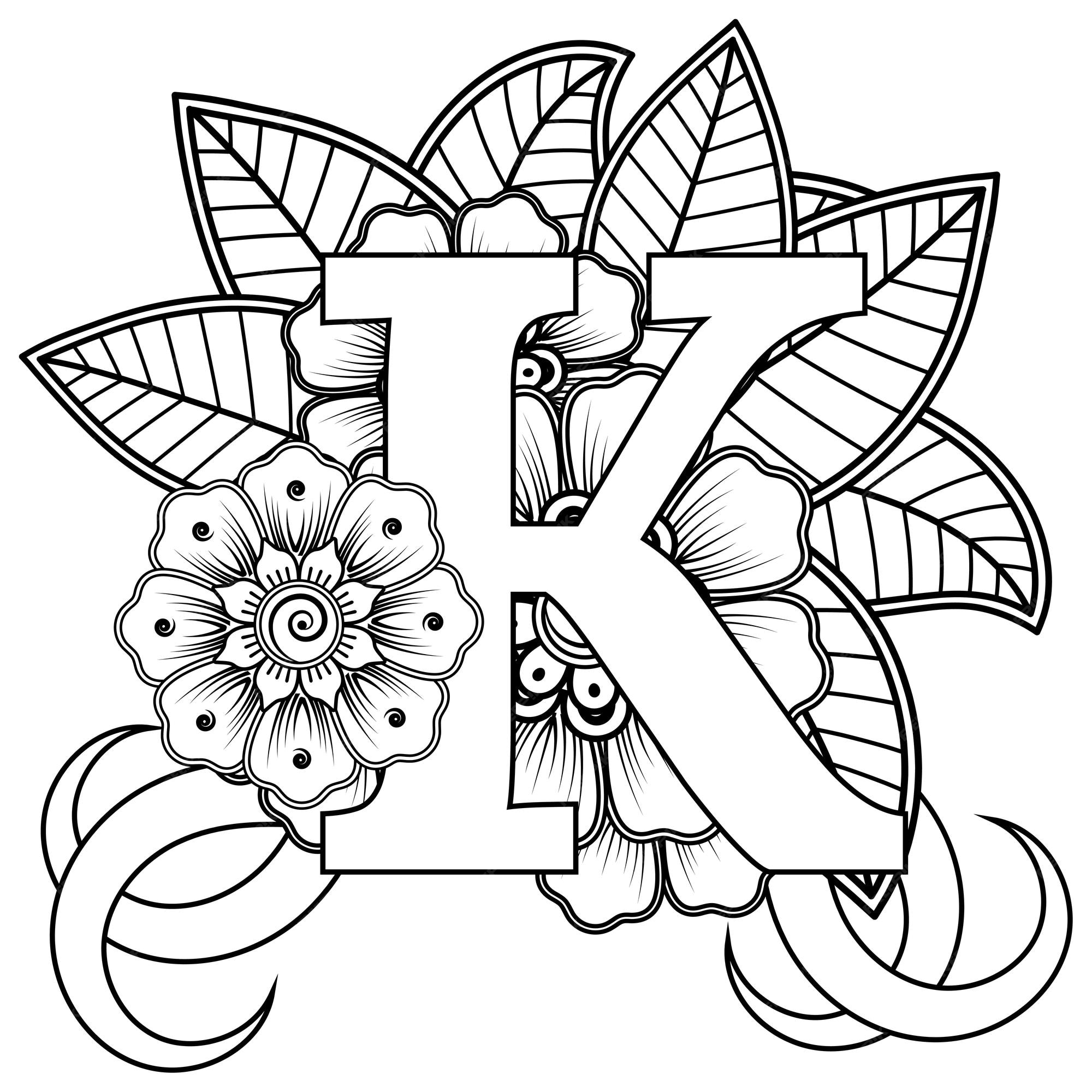 Premium vector letter k with mehndi flower decorative ornament in ethnic oriental style coloring book page