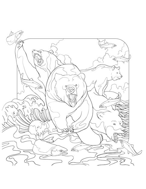 Premium vector beautiful childrens coloring pages and coloring book for kids and adults with bears hunting design