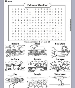 Severe weather activity word search worksheet hurricane tornado drought etc