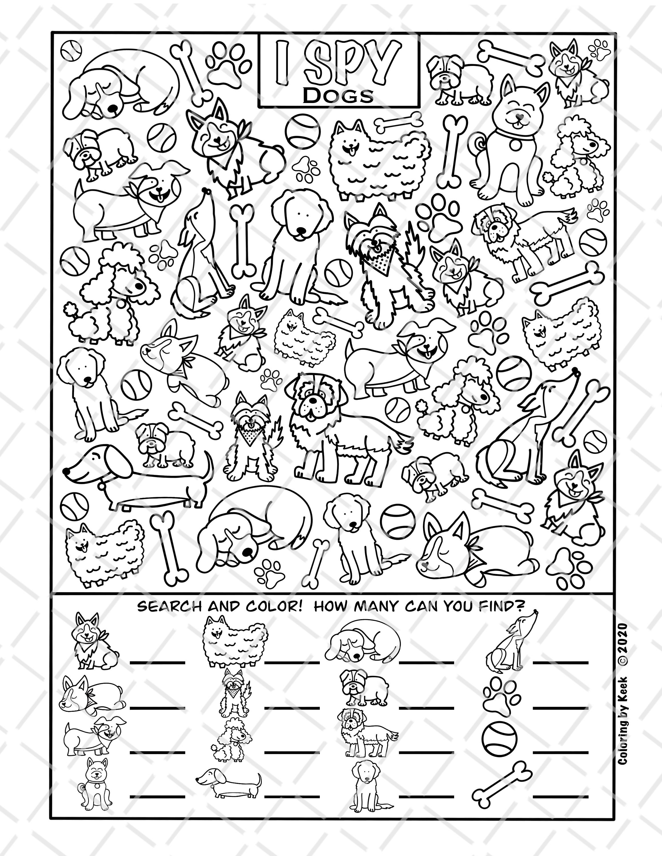 I spy dogs coloring page printout download colouring search and count activity for kids cute dog doodles cartoons different dog breeds