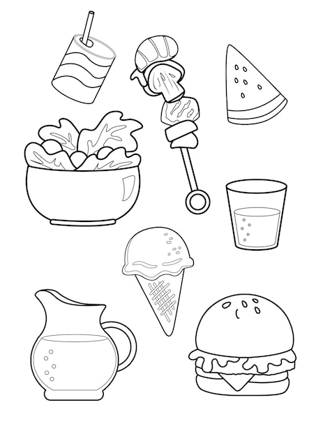 Pãginas para colorear para niãos pãgina a tema de comida vector premium