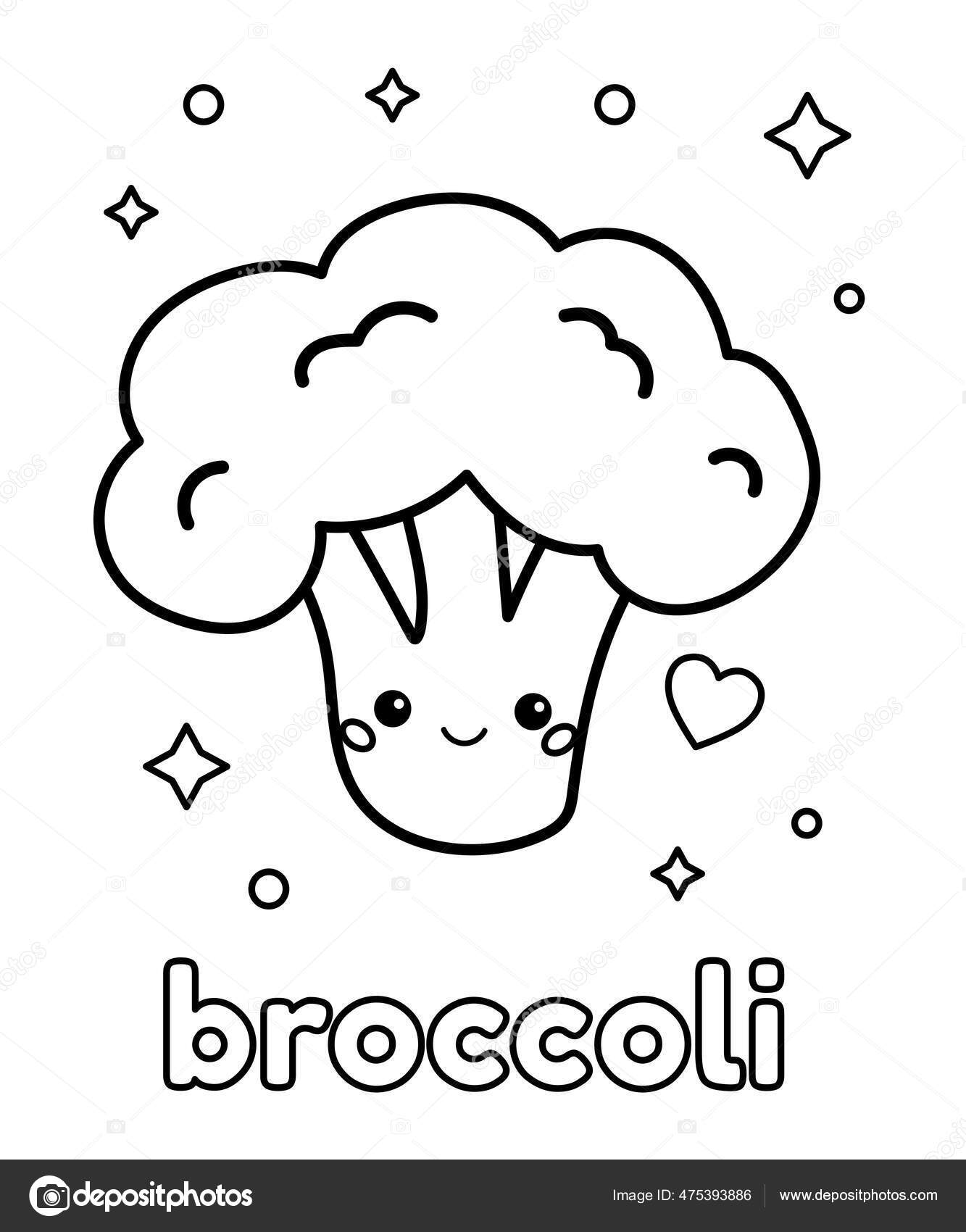 Pãgina para colorear para niãos lindo brãcoli kawaii con cara ida saludable ilustraciãn vectorial de contorno blanco negro vector de stock por kristina