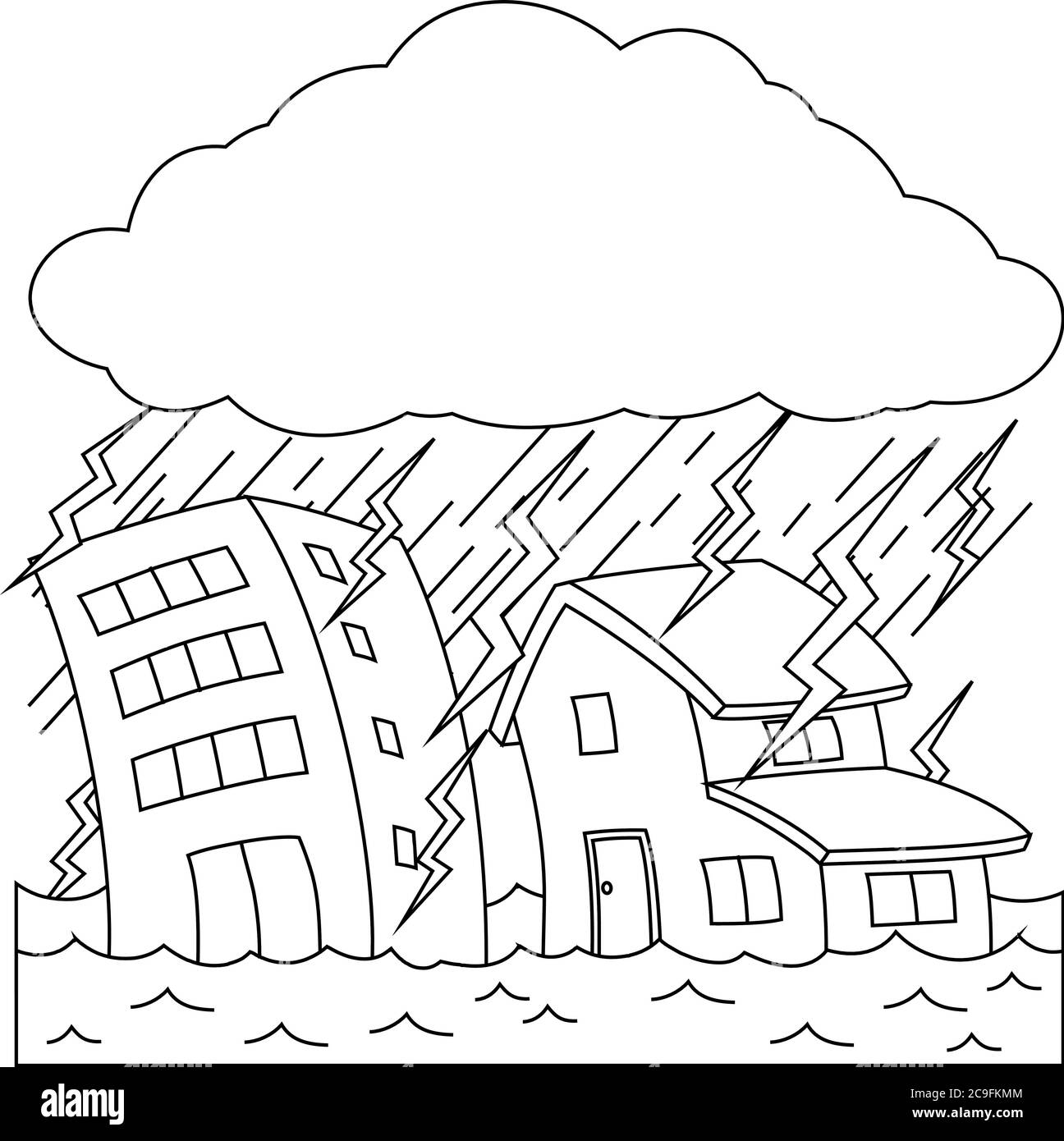 This is a illustration of buildings and houses damaged by heavy rain and flood stock vector image art