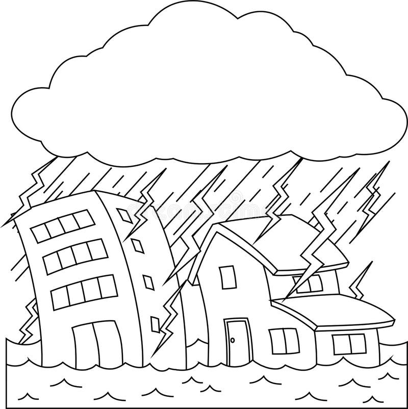 Buildings and houses damaged by heavy rain and flood outline set stock vector
