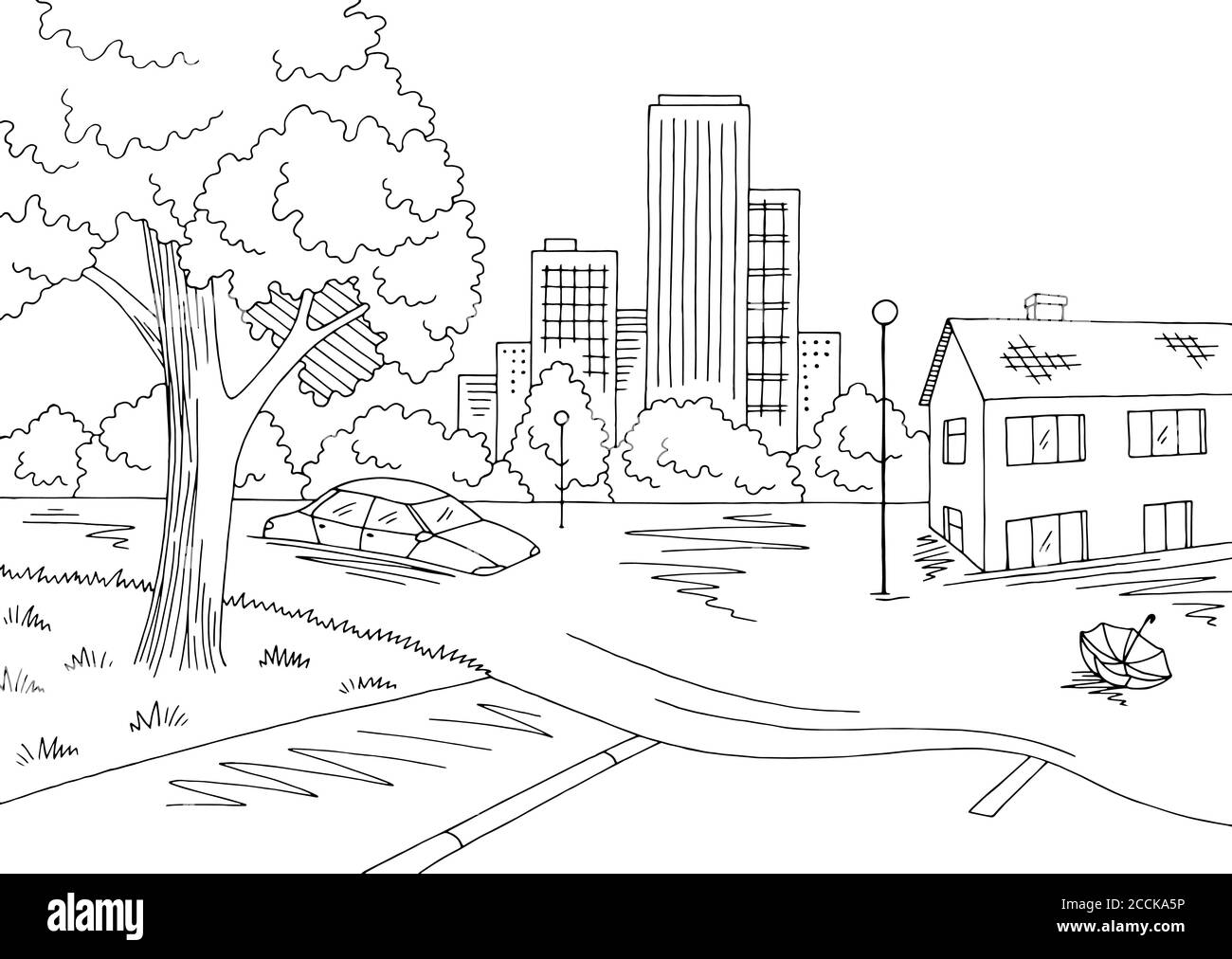 Flood graphic black white landscape city sketch illustration vector stock vector image art