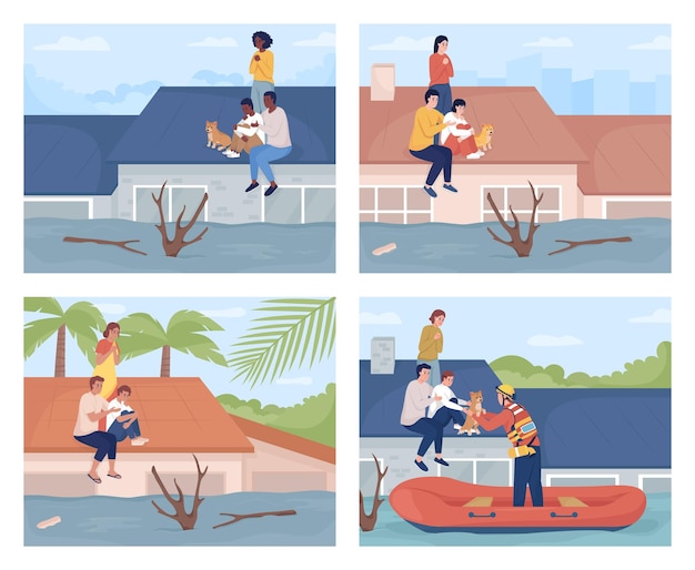 Familia atrapada en la azotea durante la inundaciãn conjunto de ilustracion vectorial de color plano inundacion catastrãficas sobrevivir de casas inundadas colecciãn de personaj de dibujos animados en d con paisaje urbano