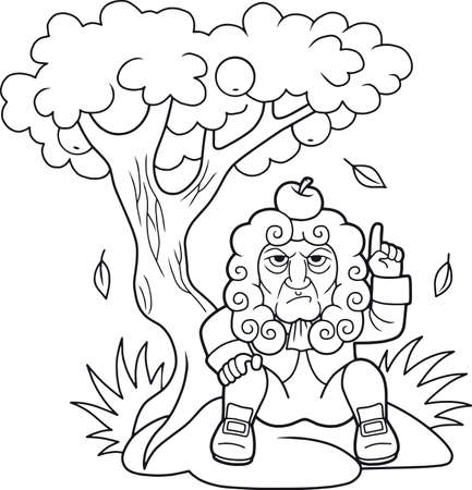 Cartoon newton sits under the apple tree