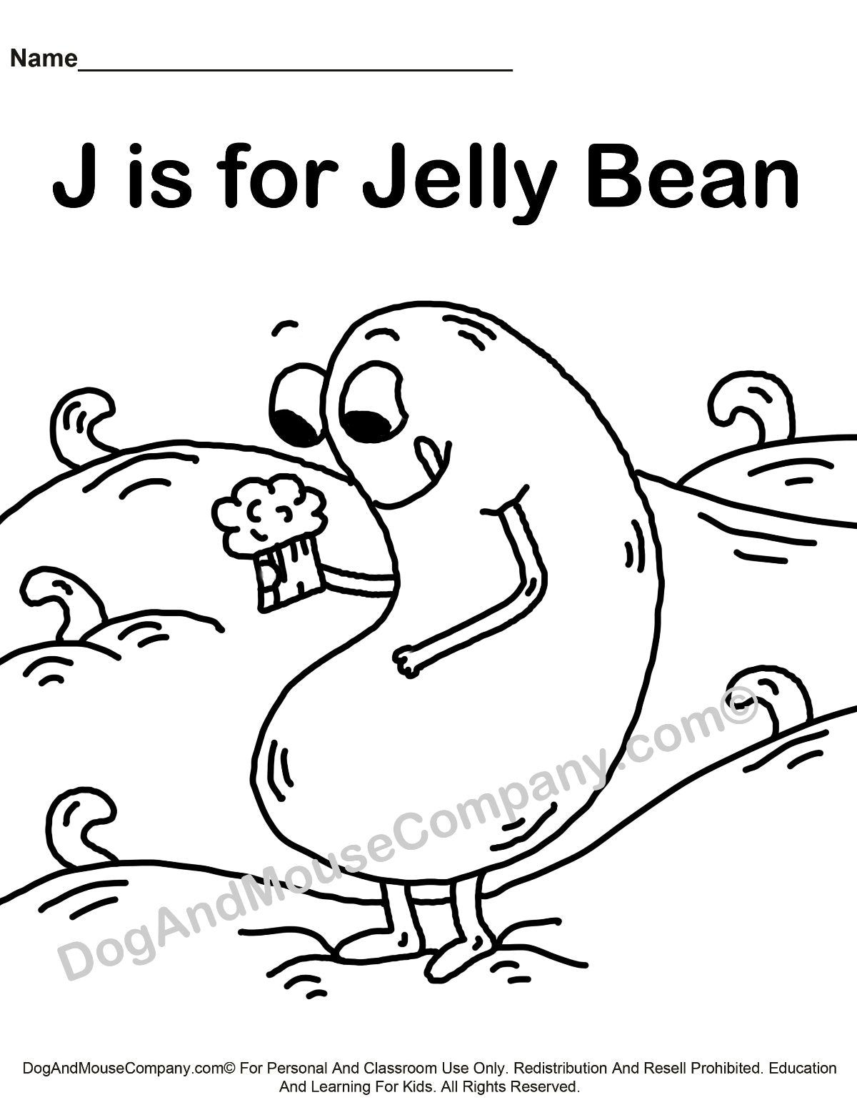 J is for jelly bean coloring page learn your abcs worksheet print â dog and mouse pany