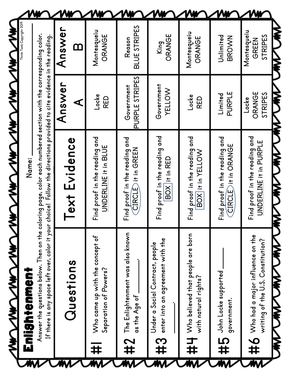 Enlightenment color by number and text marking locke and montesqueiu