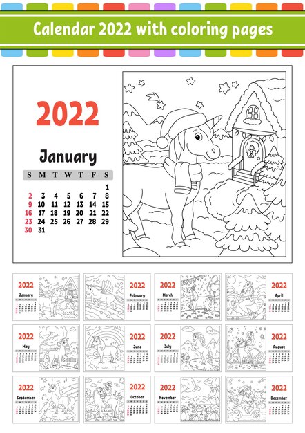 Premium vector calendar for with a cute character fairy unicorn coloring page fun and bright design isolated color vector illustration cartoon style