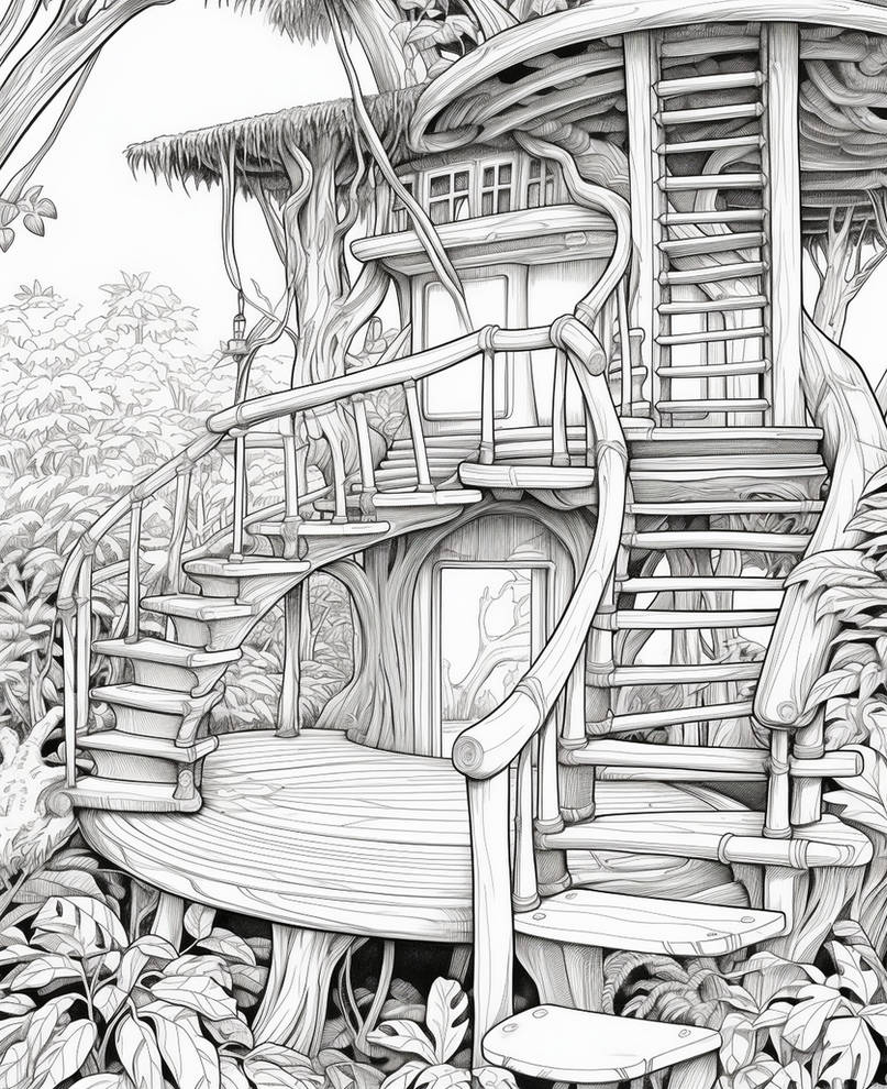 Treehouses in the bamboo jungle coloring pages by coloringbooksart on