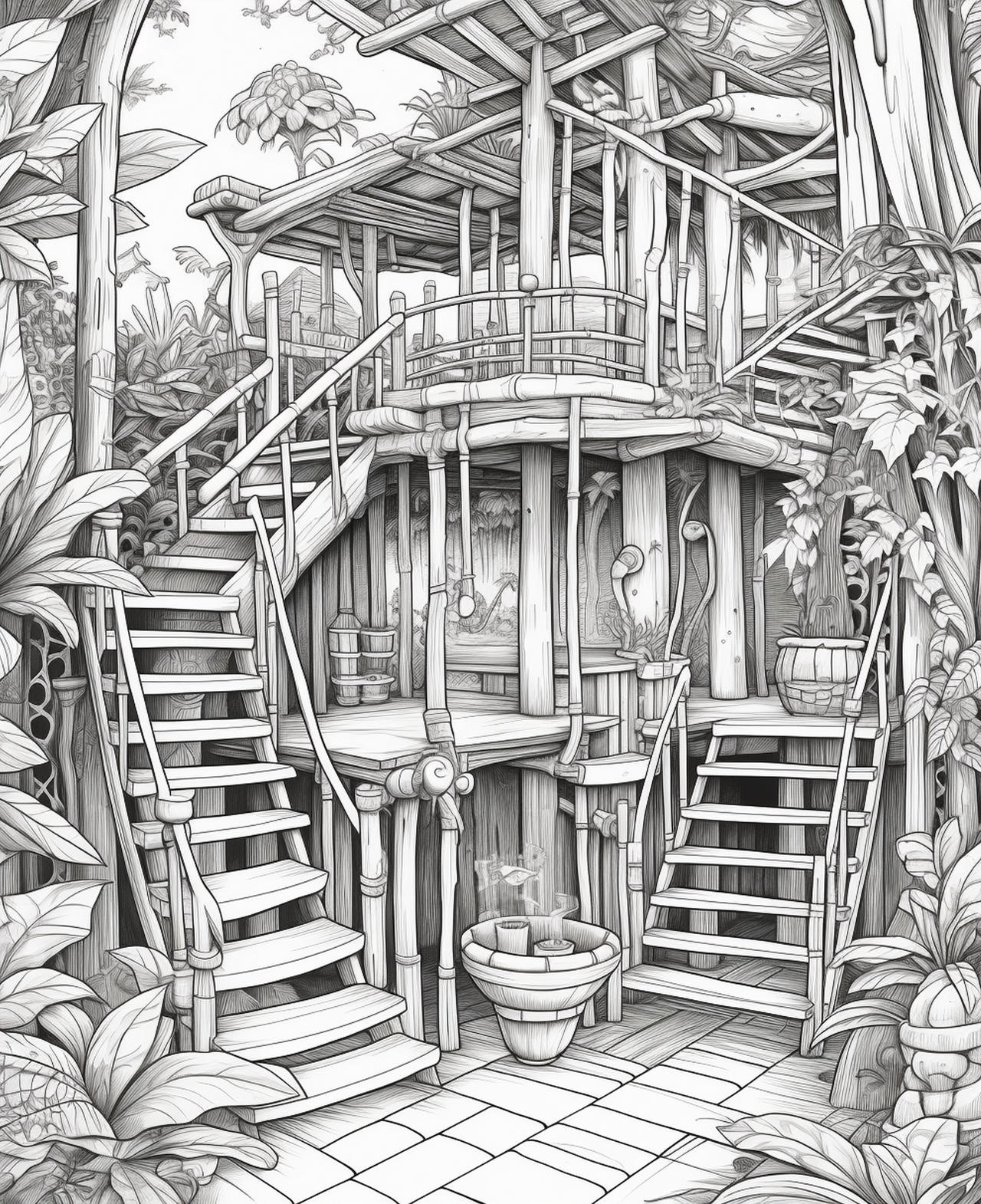 Treehouses in the bamboo jungle coloring pages by coloringbooksart on