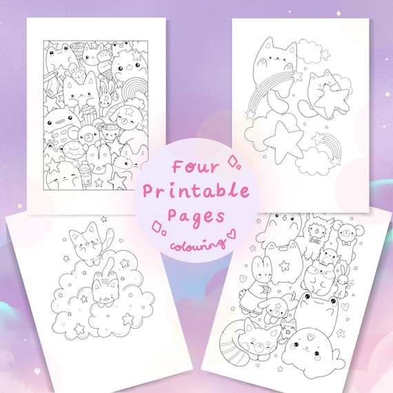 Cute animals coloring page digital download kawaii kitten cat stars colouring sheet for adults and kids frog bunny panda seal pdf home art