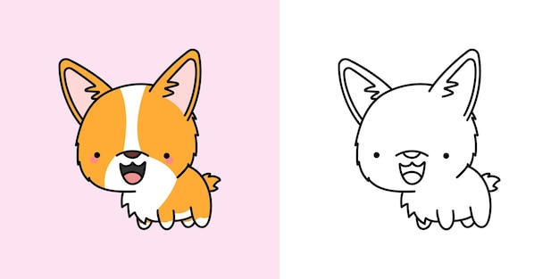 Premium vector set clipart welsh corgi coloring page and colored illustration clip art kawaii corgi