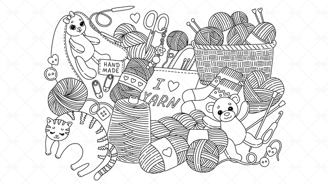 Yarn and knitting doodle coloring page