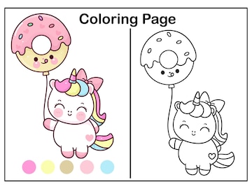 Premium vector cute unicorn coloring with donut balloon kawaii worksheet