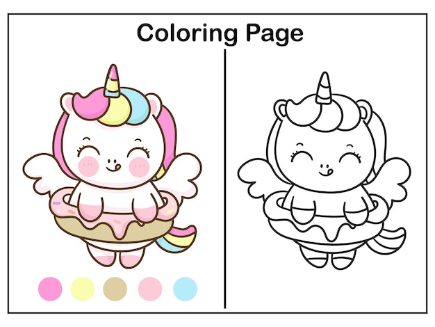 Premium vector cute unicorn coloring and donut kawaii worksheet animal cartoon