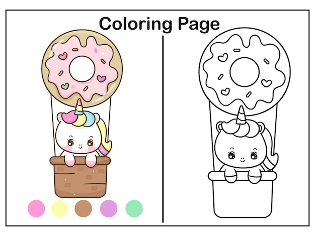 Premium vector unicorn coloring on donut balloon worksheet