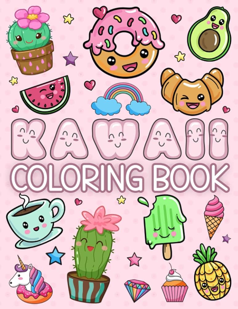 Kawaii coloring book animals cupcake donut candy unicorn cactus food fruits and more cute and aasy kawaii doodle coloring book for toddler kids adults publishing diman books