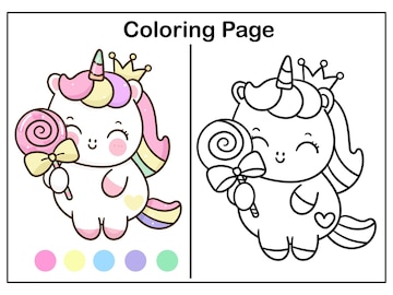 Premium vector princess unicorn coloring and candy donut kawaii worksheet cartoon