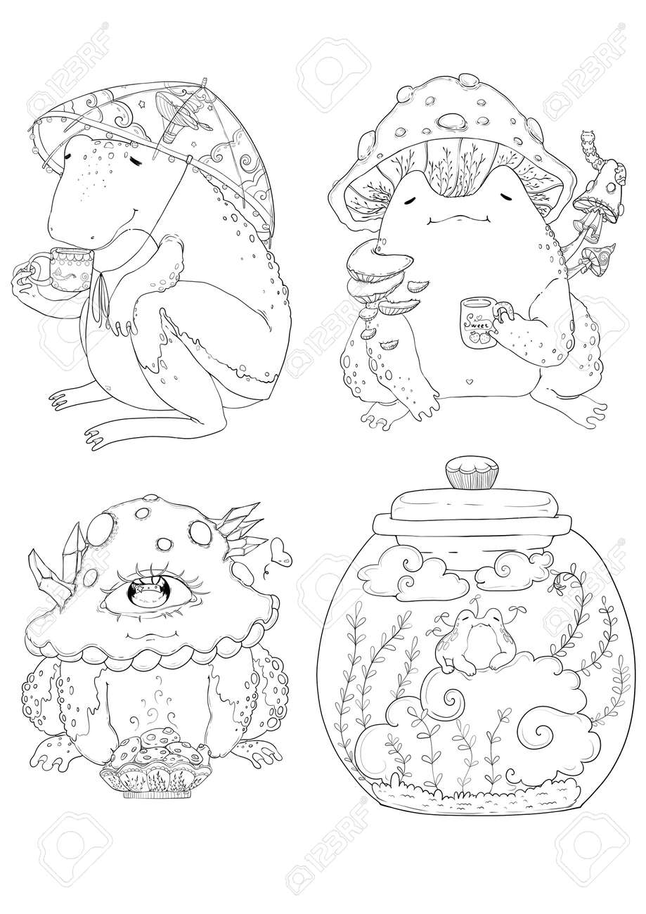 Fancy coloring page frog coloring page digital art coloring page amazing frogs cottagecore goblincore unusual frogs your imagination is where to roam stock photo picture and royalty free image image