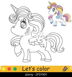 Cute kawaii unicorn with rainbow mane coloring book page with colorful template vector cartoon illustration isolated on white for coloring bookpre stock vector image art