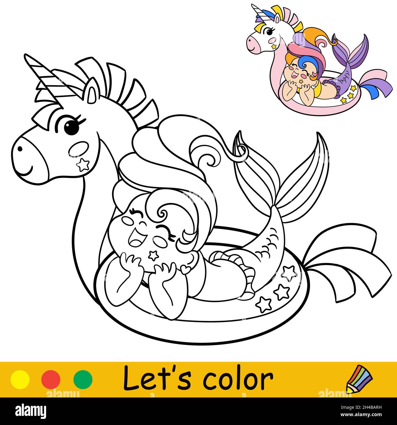 Cute kawaii laughing mermaid in inflatable circle unicorn coloring page and colorful template for kids education vector illustration for design t stock vector image art