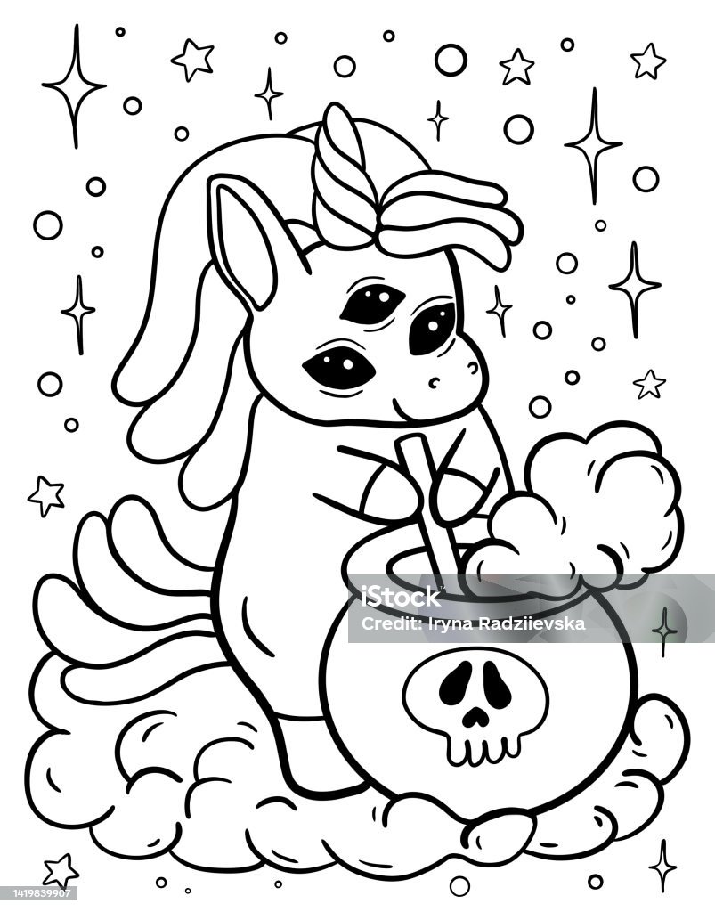 Kawaii coloring page unicorn coloring book for children coloring book for adults halloween coloring page horror kawaii black and white illustration stock illustration