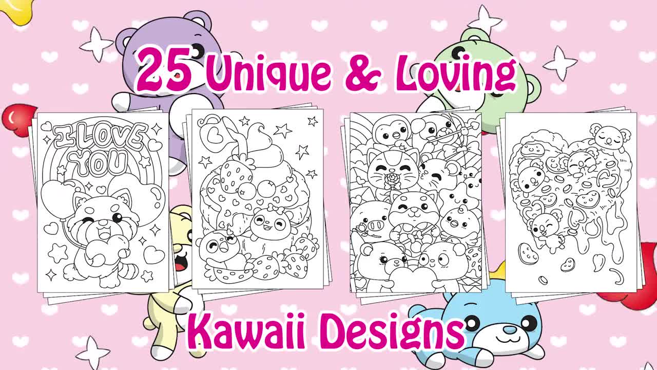 Cute valentines kawaii coloring book printable pdf instant digital download colorable pages full of love hearts sweets animals food