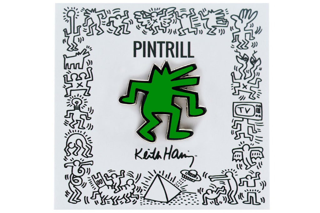 Keith haring dancing dog pin green