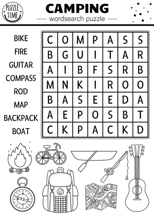 Vector black and white camping wordsearch puzzle simple forest summer camp outline crossword or coloring page stock vector