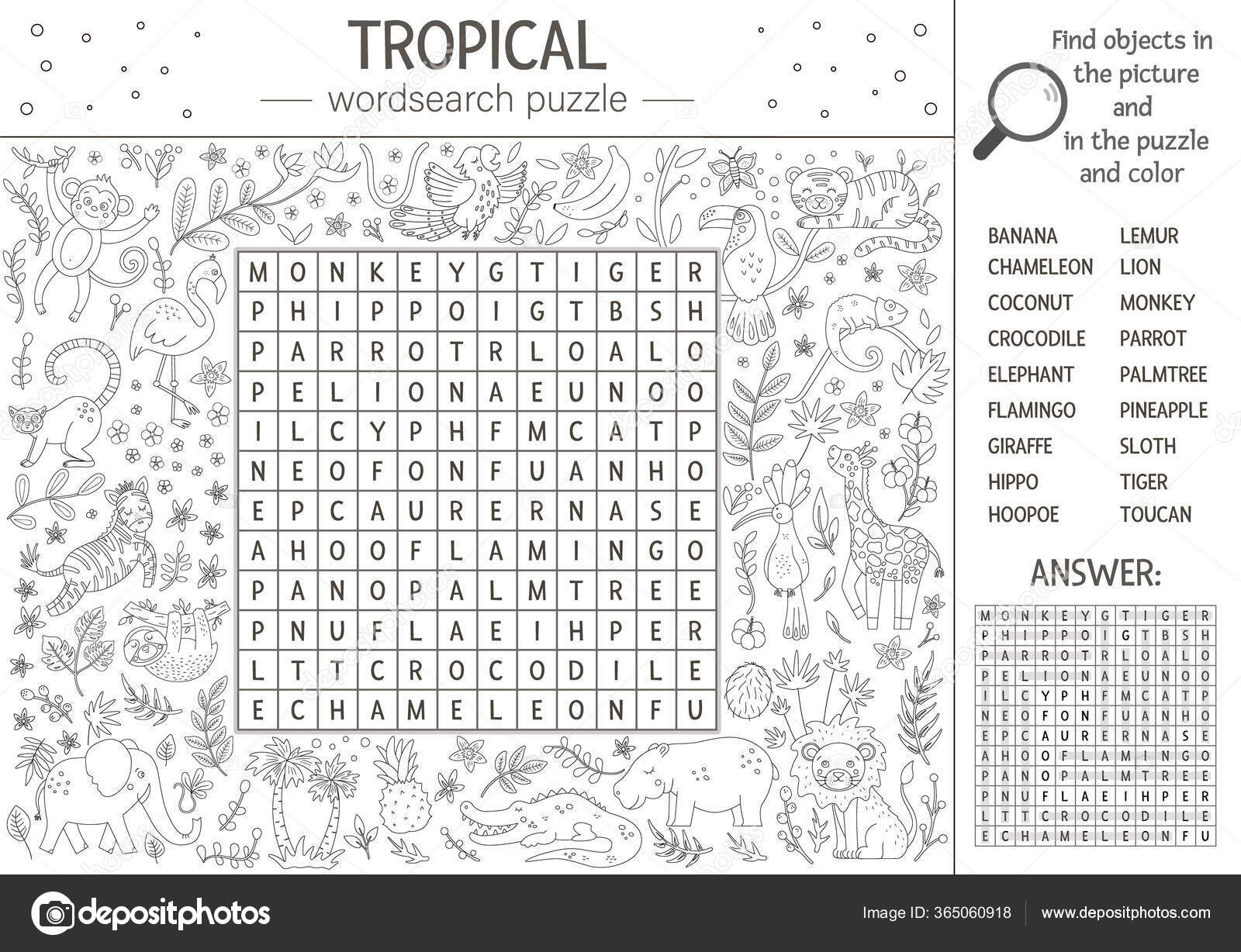 Vector summer wordsearch puzzle keyword tropical animals birds children educational stock vector by lexiclaus
