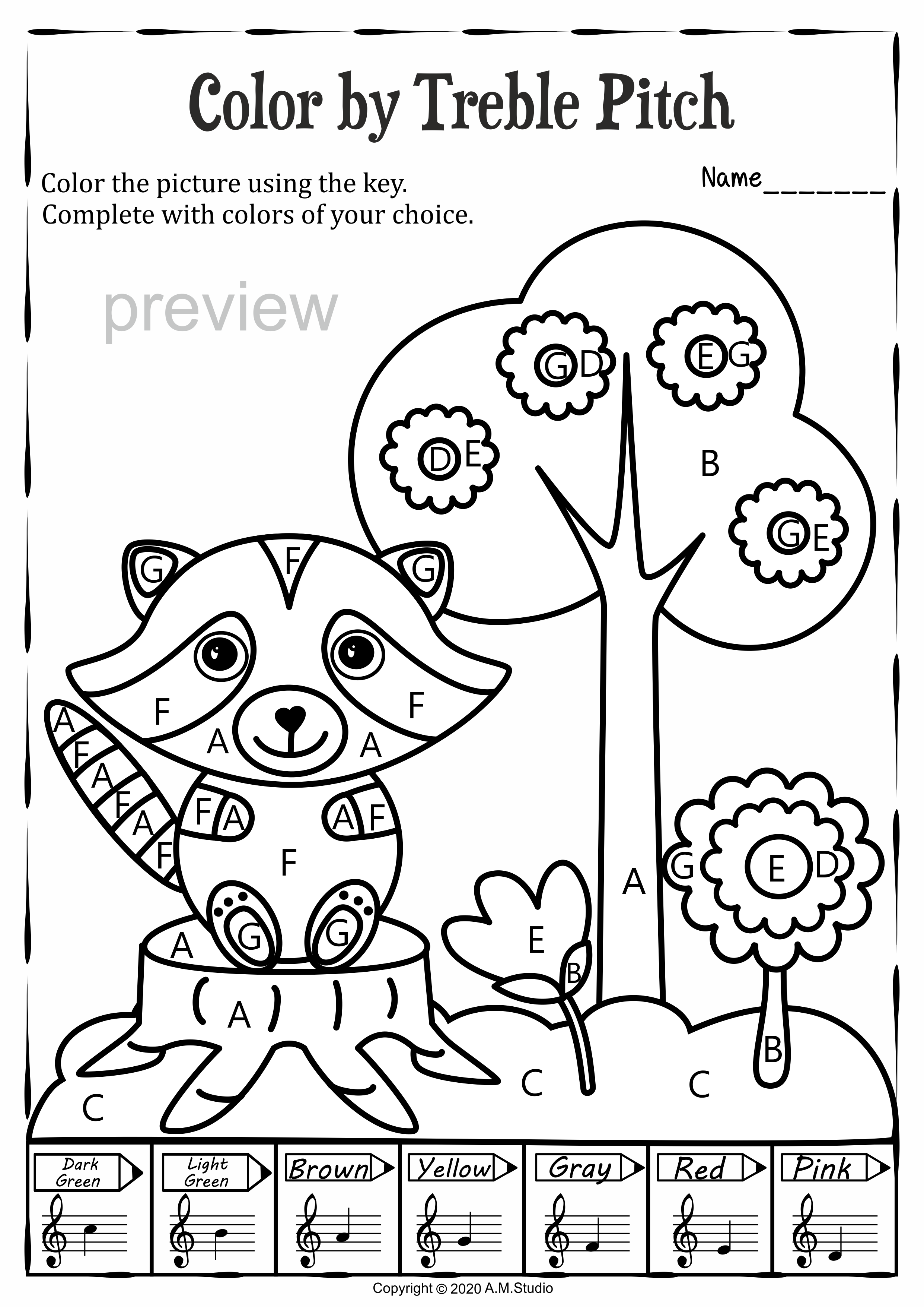 Musical coloring pages for spring color by treble pitch with answers