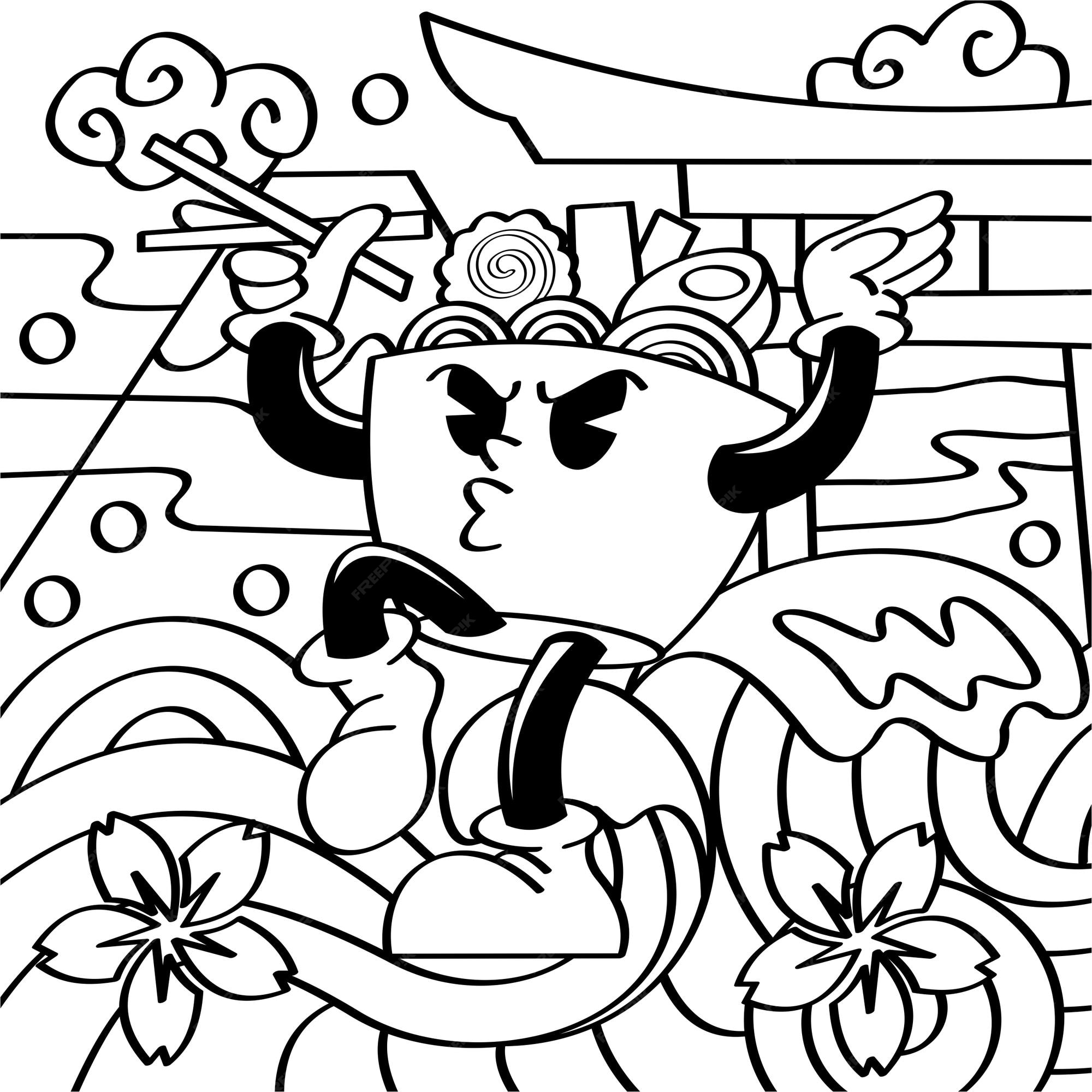 Premium vector coloring book japanese ramen kungfu with cute face black and white vintage style hand drawing