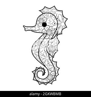 Hand drawn zentangle seahorse illustration decorative abstract doodle design element coloring book for adults stock vector image art