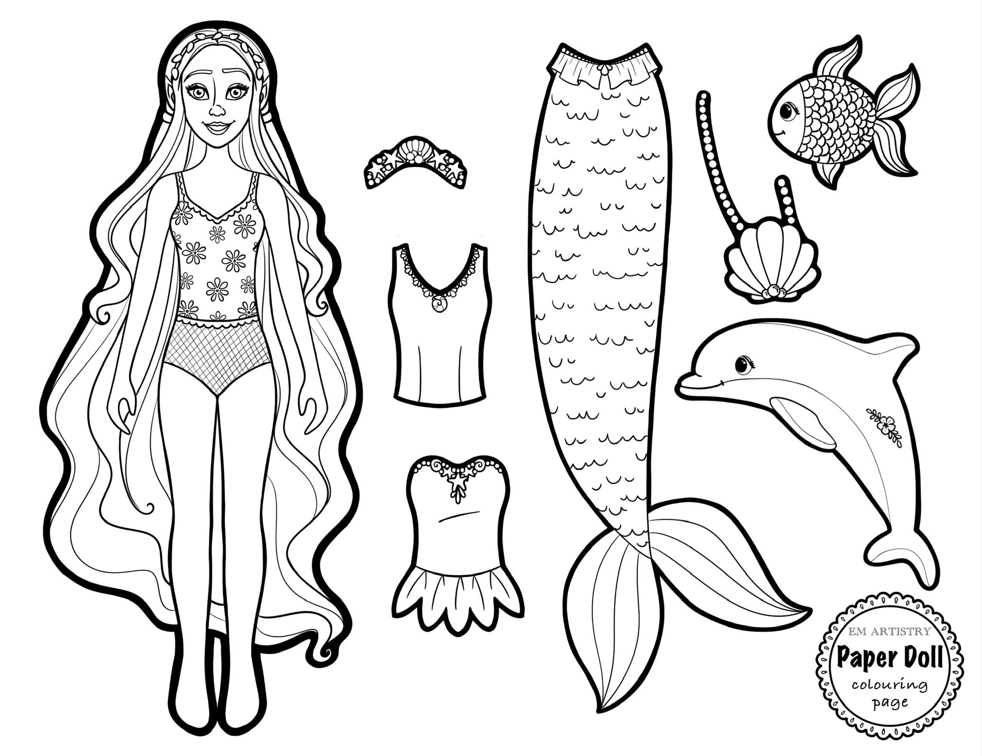Paper doll digital fairy wings mermaid tail colouring pages for kids party favors for kids coloring pages fairy coloring page download now