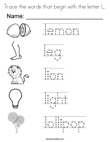 Trace the words that begin with the letter l coloring page