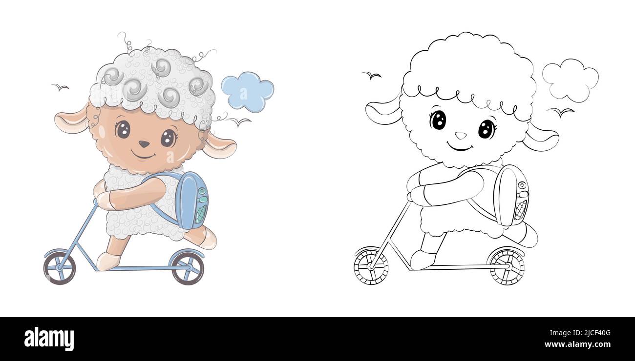 Sheep clipart for coloring page and multicolored illustration adorable clip art lamb on a scooter vector illustration of an animal for coloring stock vector image art