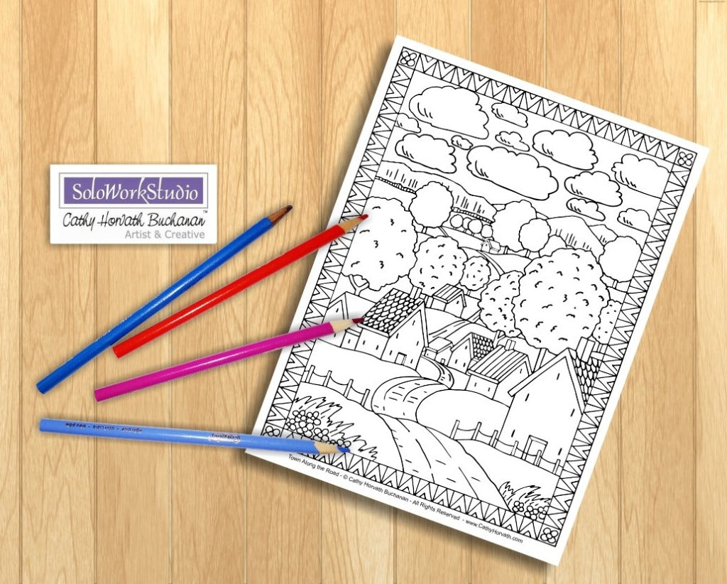 Folk art town village landscape coloring pages pack pdf download pr â soloworkstudio