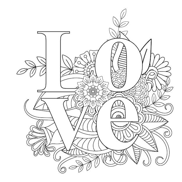 Mejor amor palabra flor mandala pãgina para colorear vector premium