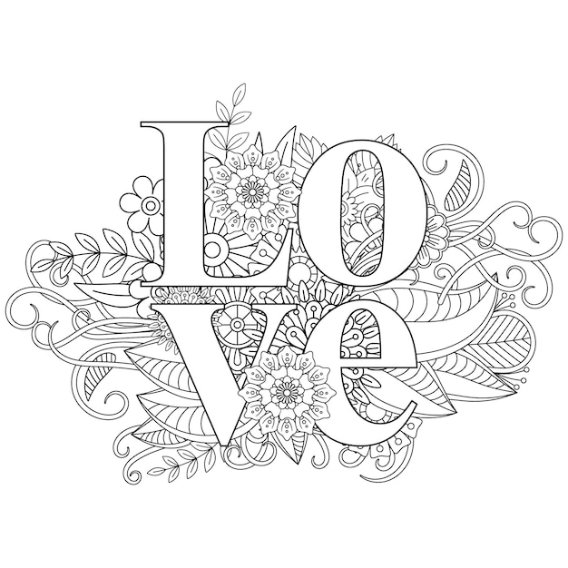 Mejor amor palabra flor mandala pãgina para colorear vector premium