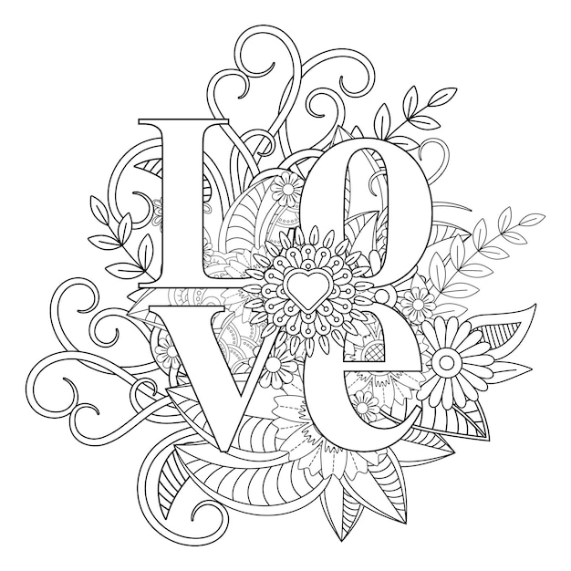 Mejor amor palabra flor mandala pãgina para colorear vector premium