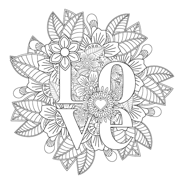 Mejor amor palabra flor mandala pãgina para colorear vector premium