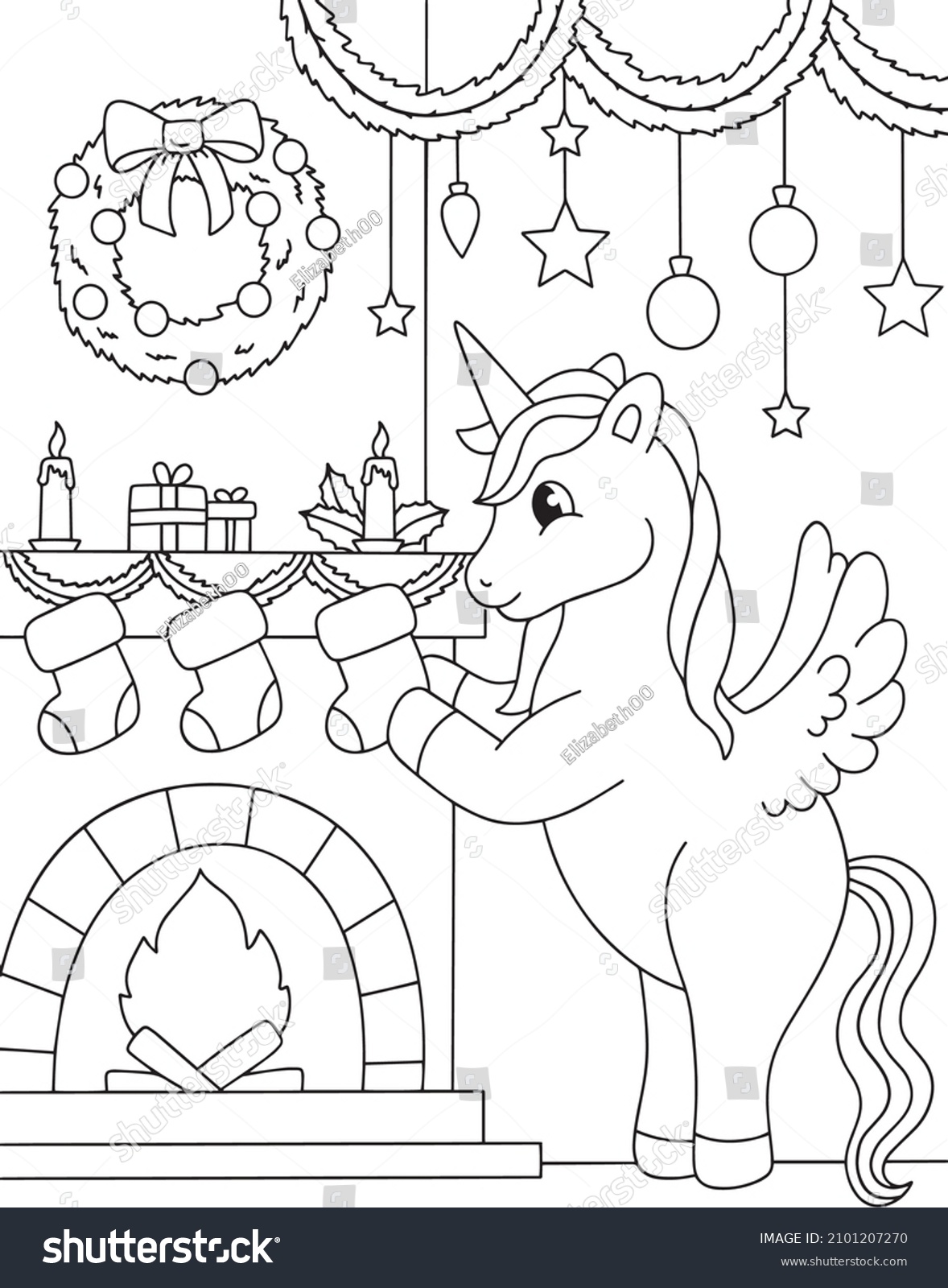 Merry christmas unicorn coloring hand drawn stockvektor royaltyfri