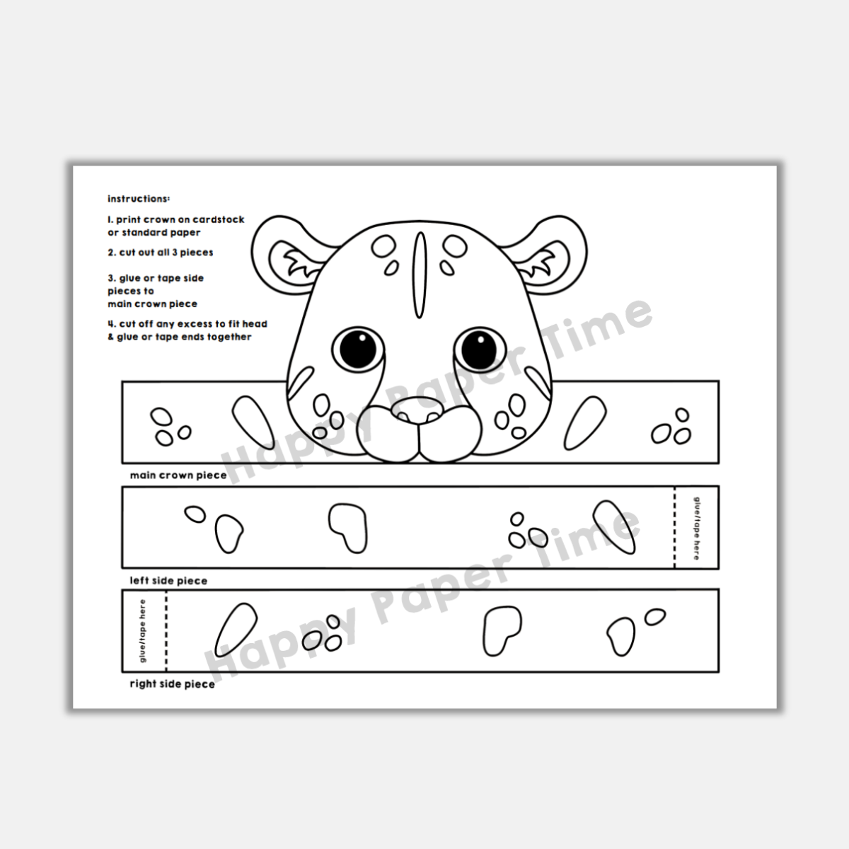 Leopard paper crown jungle animal headband printable coloring craft made by teachers