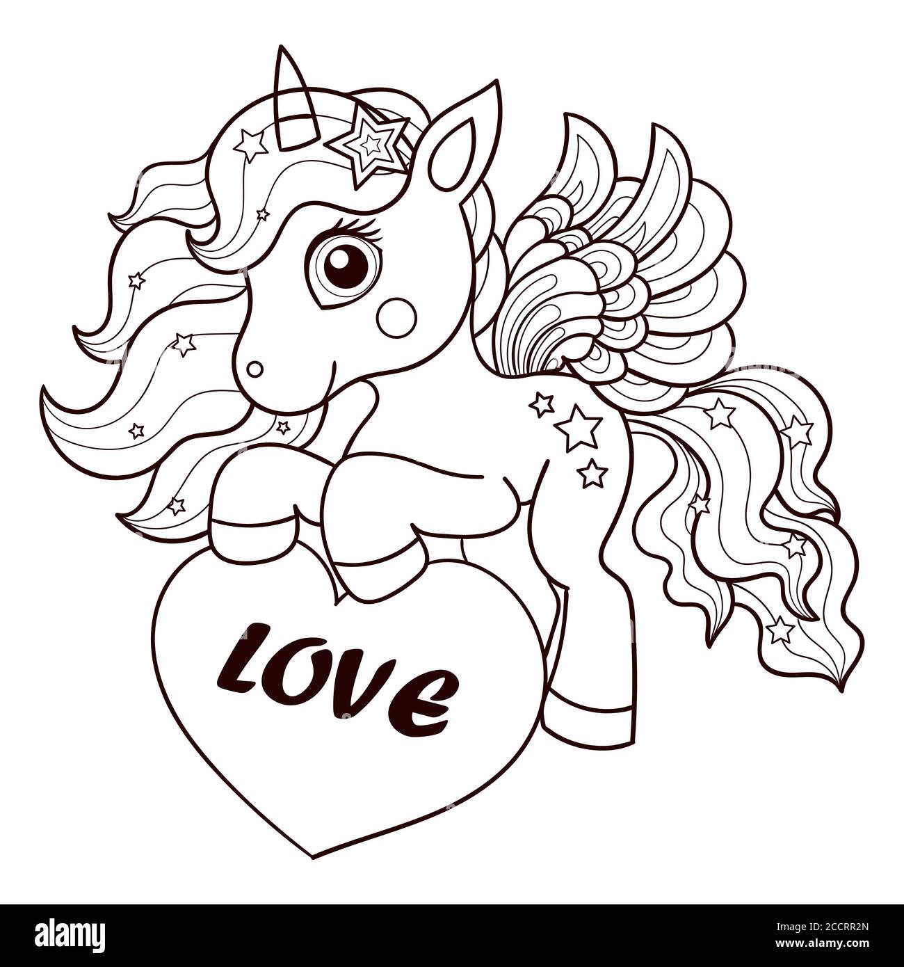 Un pequeão unicornio tiene un corazãn amor letras dibujo lineal para el diseão de libros de colorear imprion cartel tarjetas tatuaj pegatinasnegro y wh imagen vector de stock