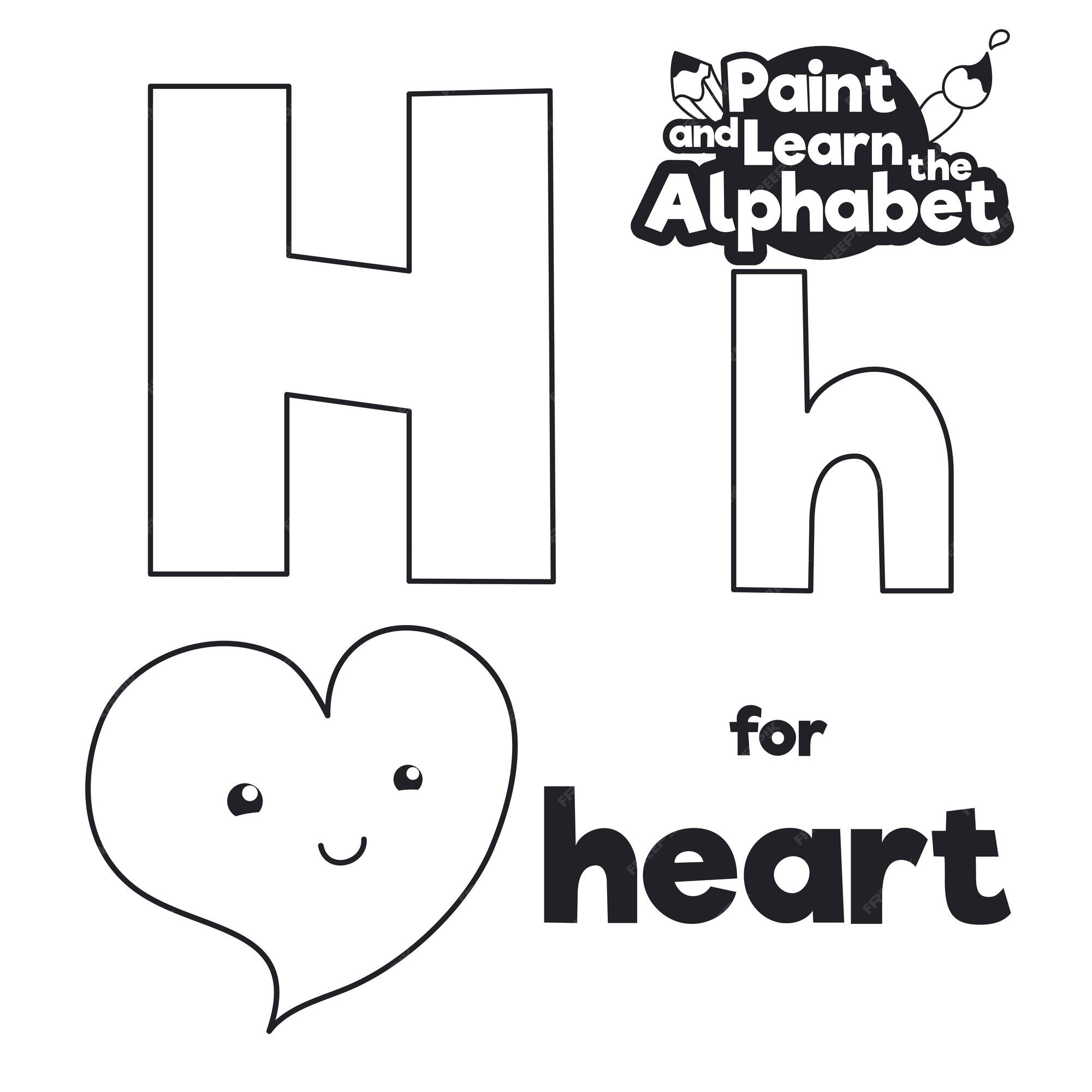 Corazãn enamorado listo para colorear junto a la letra h en mayãºscula y minãºscula para alfabeto didãctico vector premium