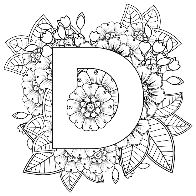 Premium vector letter d with mehndi flower decorative ornament in ethnic oriental style coloring book page